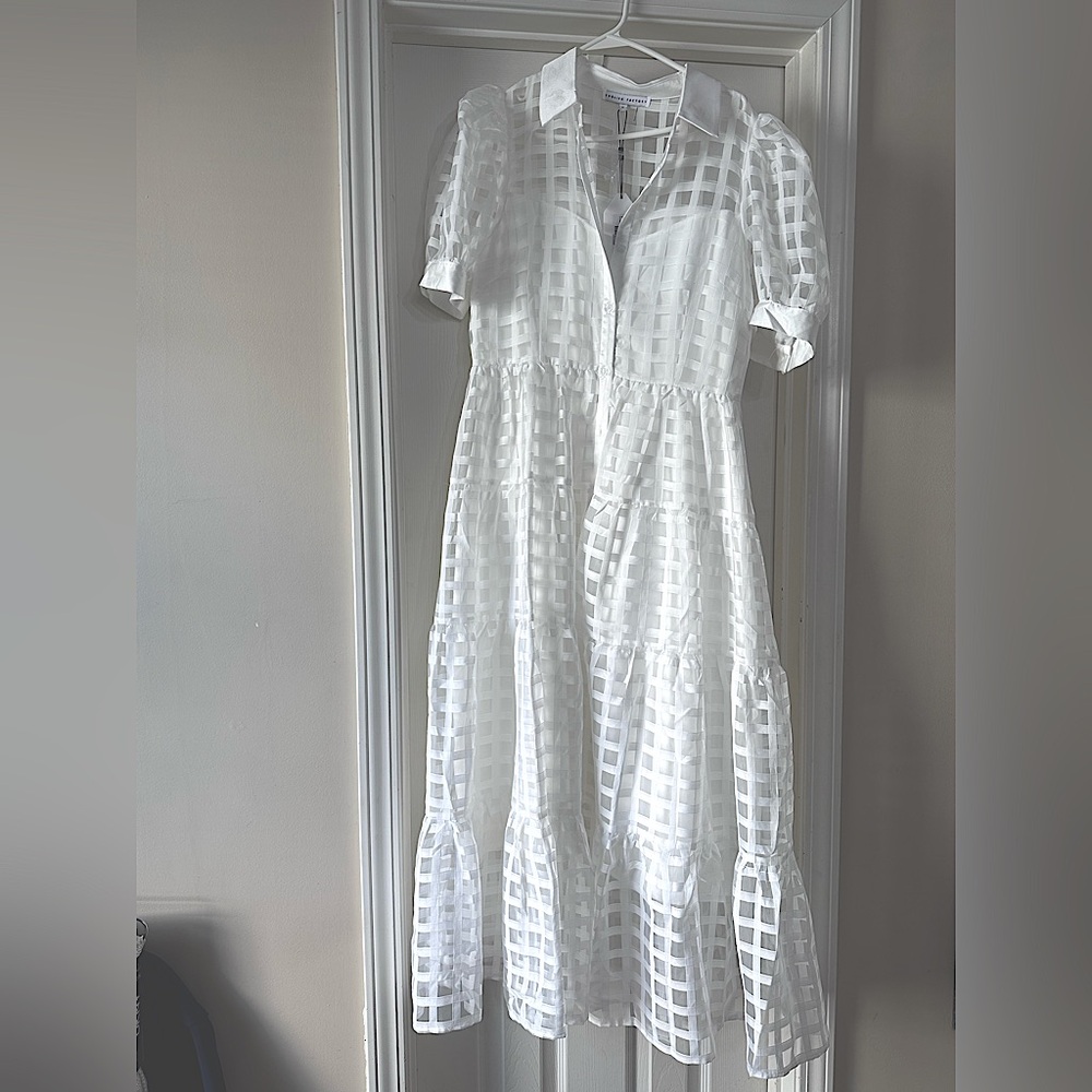 English Factory GRIDDED ORGANZA TIERED MAXI DRESS (white)